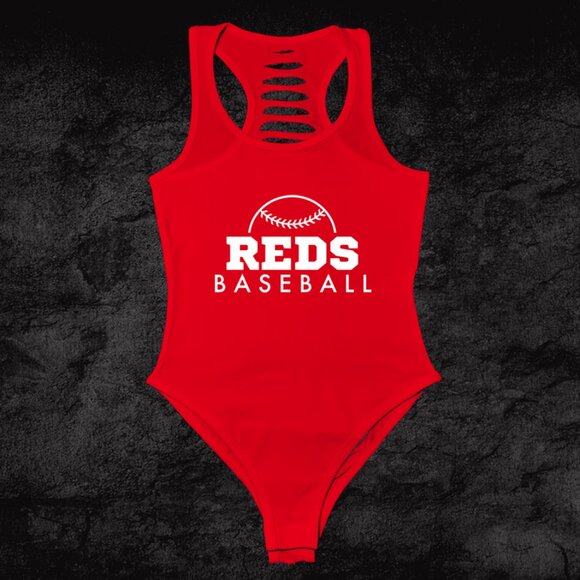 Womens Red/White Handmade Reds Baseball bodysuit, Cincinnati Fan Outfit Ideas - Picture 1 of 3